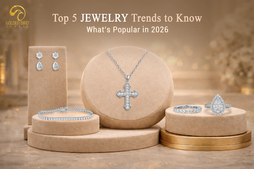 Golden Bird Jewels 2026 jewelry trends featuring luxury necklaces, rings, earrings, and bracelets.